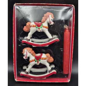 Two Handcrafted Ceramic Rocking Horse Candle Holders 2.5" Candles NEW